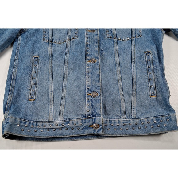 FREE PEOPLE Studded Original Denim Jean Distressed B/F Trucker Jacket Womens S‎ - Picture 7 of 16